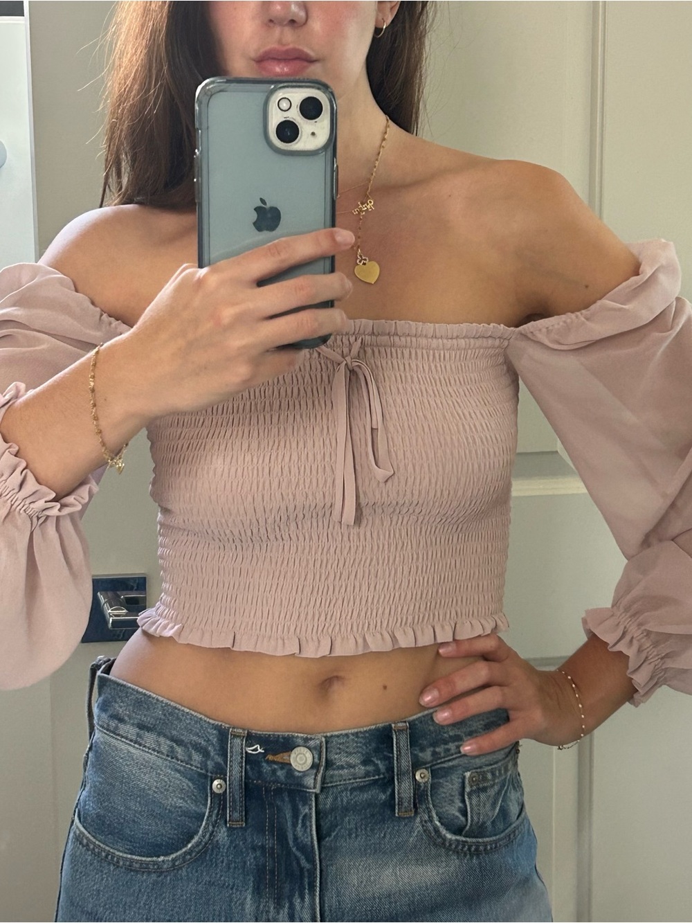 Wilfred Blush Smocked Off-Shoulder Crop Top
